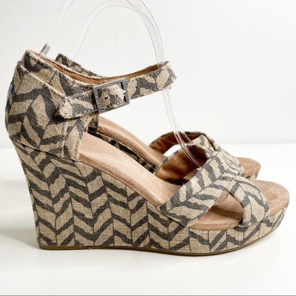 Toms sienna wedge sandal chevron burlap tan black - Picture 2 of 13